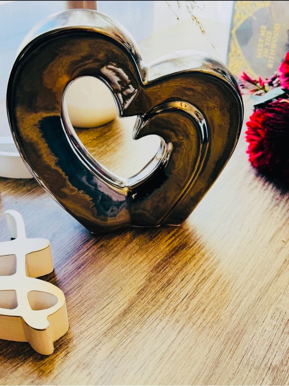 Glossy Charcoal Double Heart Ceramic Accent - Decorative Home Sculpture